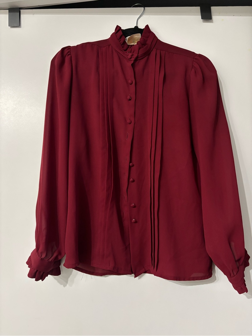 Vintage-inspired burgundy high neck chiffon blouse